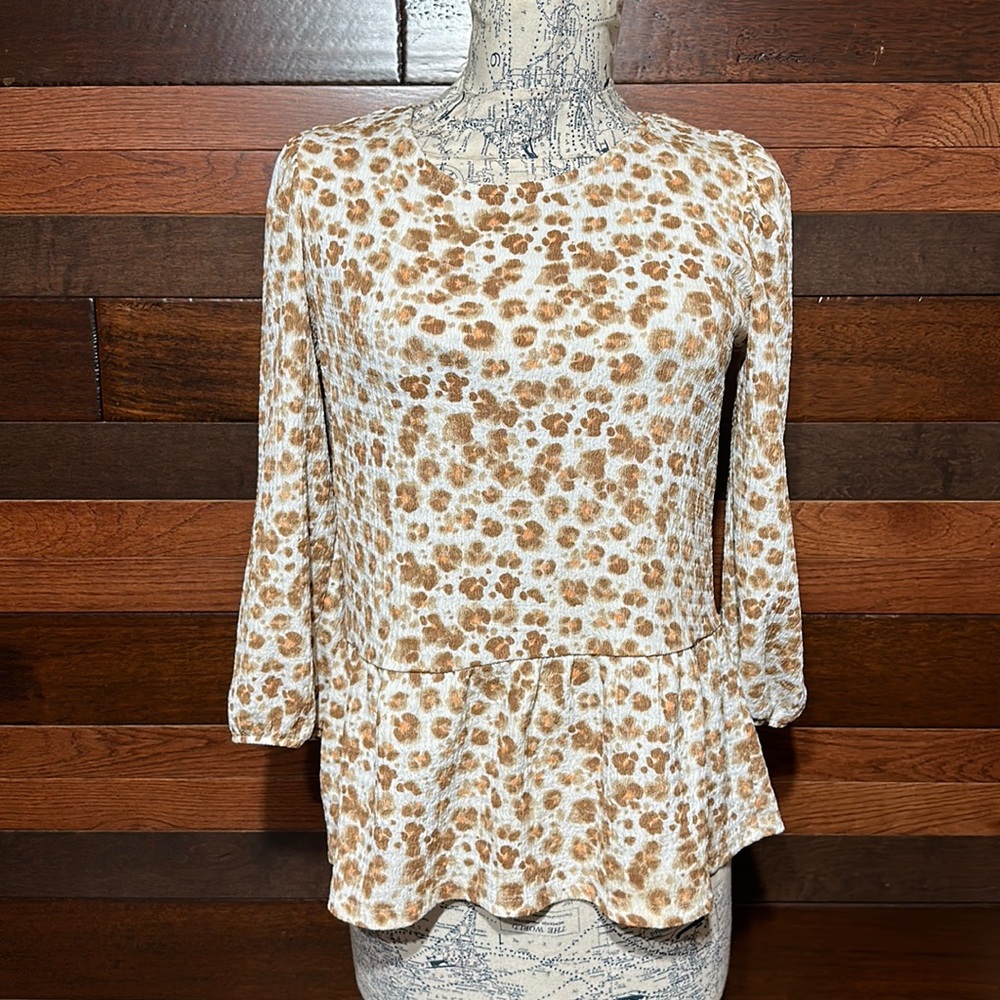 Ophelia Roe Scoop Neck 3/4 Sleeve White and Tan Animal Print Blouse